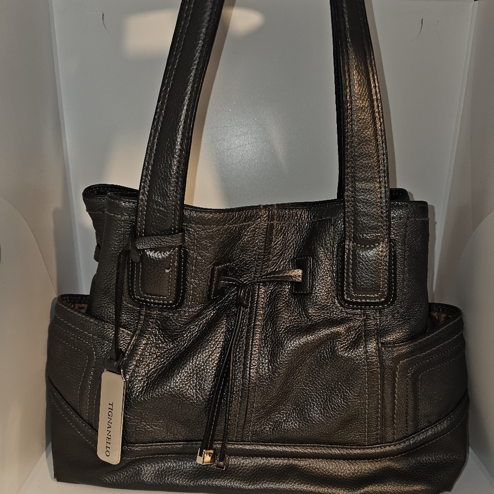 Tignanello Slate Grey Leather Shoulder Bag